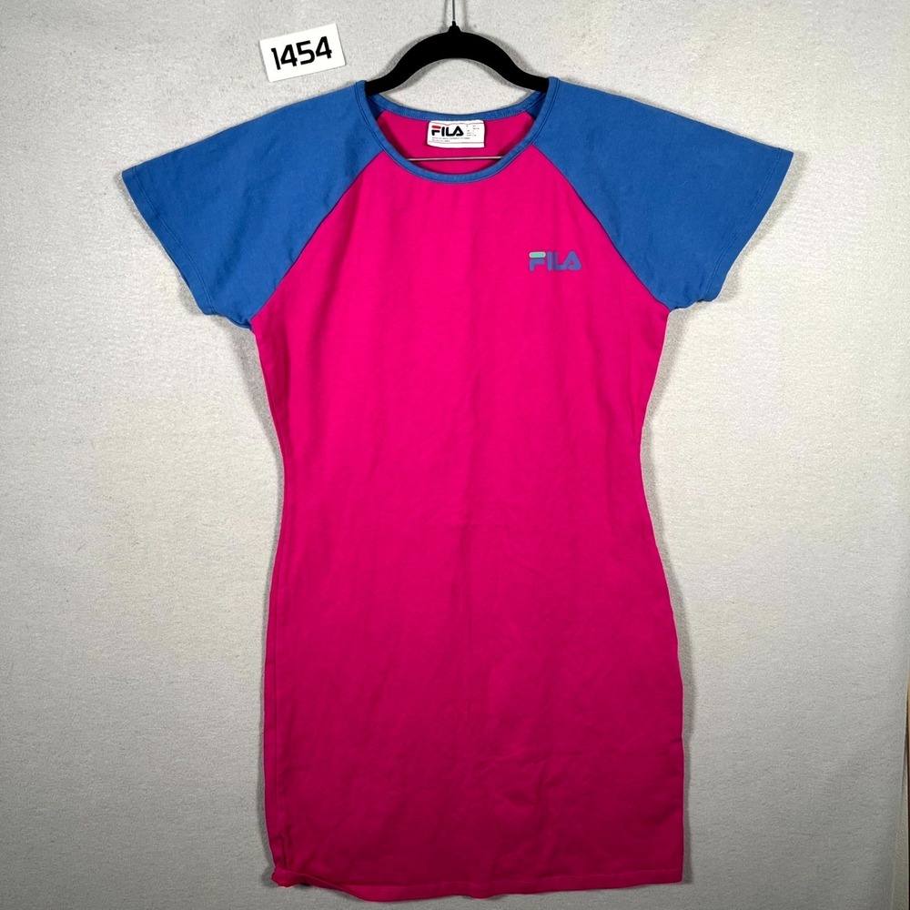 FILA T Shirt Dress Womens L Pink Blue Colorblock Logo Raglan Sleeve‎ Sportswear
